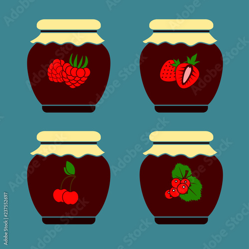 Set of color icons of berry jam on a blue background. Vector objects.