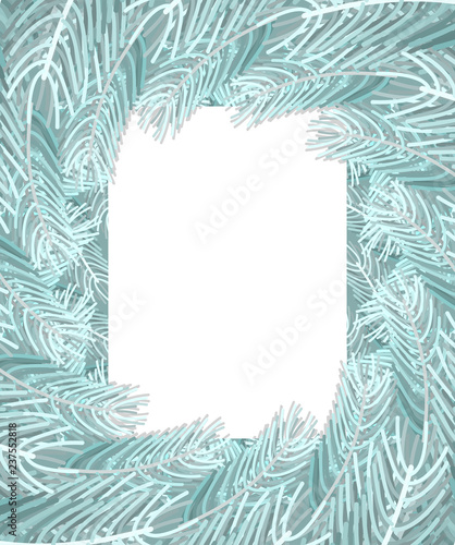 Christmas tree white branches Frame. Xmas Background branch of pine. New Year backdrop nature