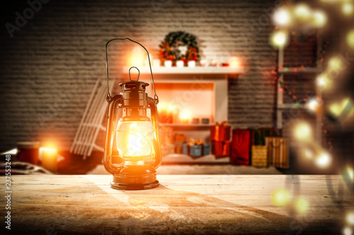 Christmas lamp on desk and home interior 