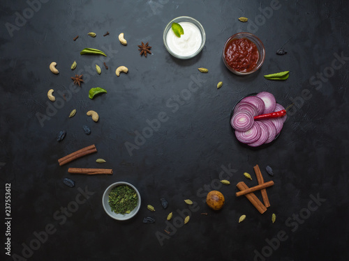 Spice set for Arabian Kabsa, Indian Biryani on black table. Top view. 