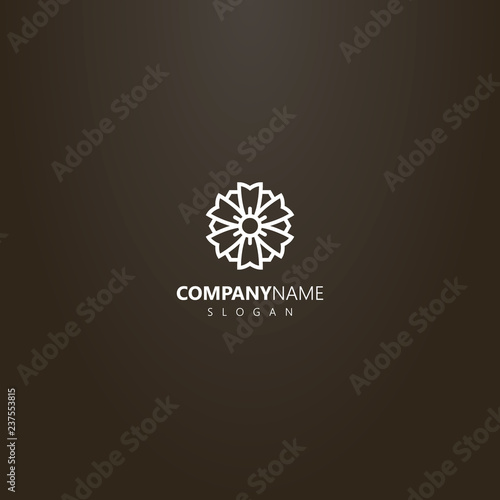 white logo on a black background. vector line art outline logo of flower with six petals