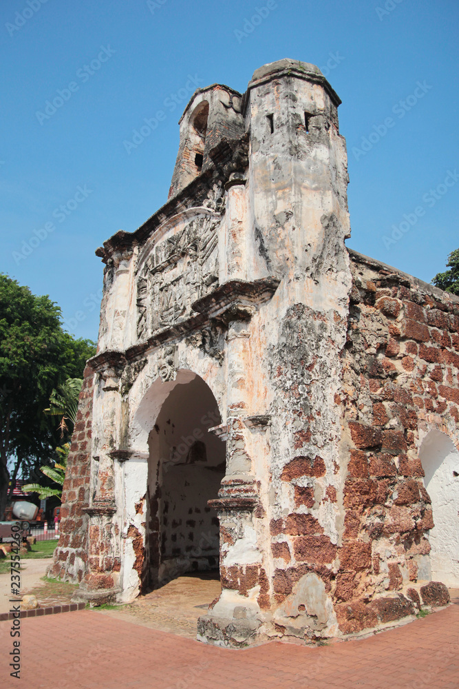 Porta de Santiago, part of the ruins of the A Famosa Portuguese Fortress in Melaka, Malaysia.