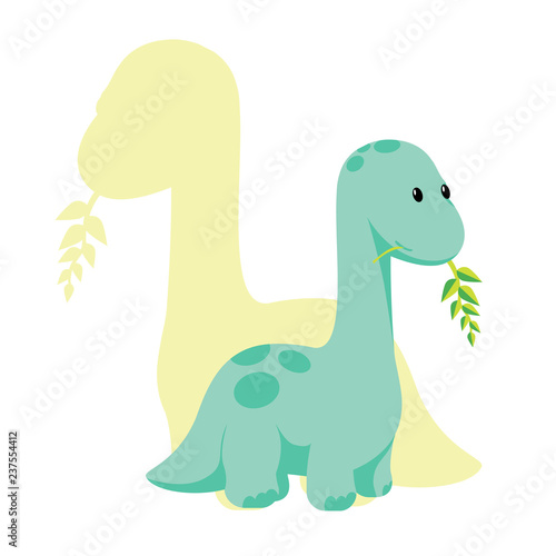 Vector baby dino flat style icon and its  silhouette - diplodocus or brontosaurus - for logo  poster  banner. For historic event  dinosaur party invitation  fashion textile design. Isolated on white