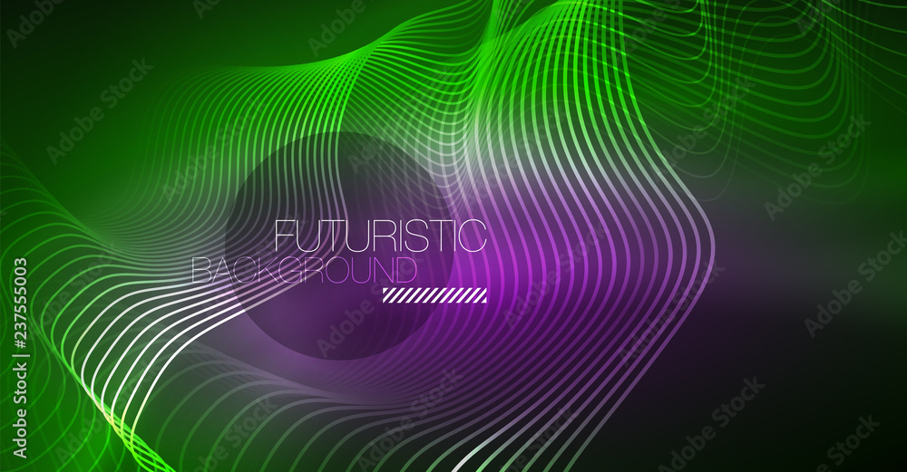 Abstract shiny glowinng color wave design element on dark background - science or technology concept Abstract shiny glowinng color wave design element on dark background - science or technology concept