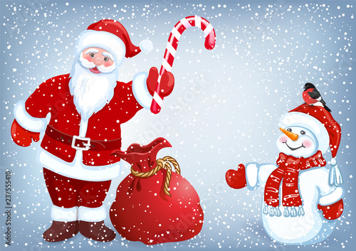 Santa Claus gives snowman candy striped cane against the backdrop of snowfall. Christmas  design postcard.