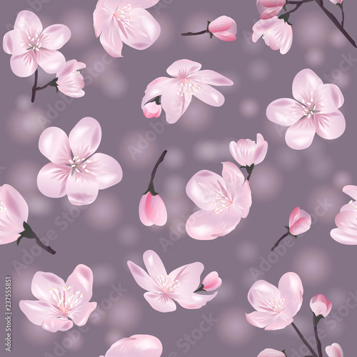 Fototapeta Naklejka Na Ścianę i Meble -  Vector botanical seamless pattern with Blossoming sakura. Modern floral pattern for textile, wallpaper, print, gift wrap, greeting or wedding background.