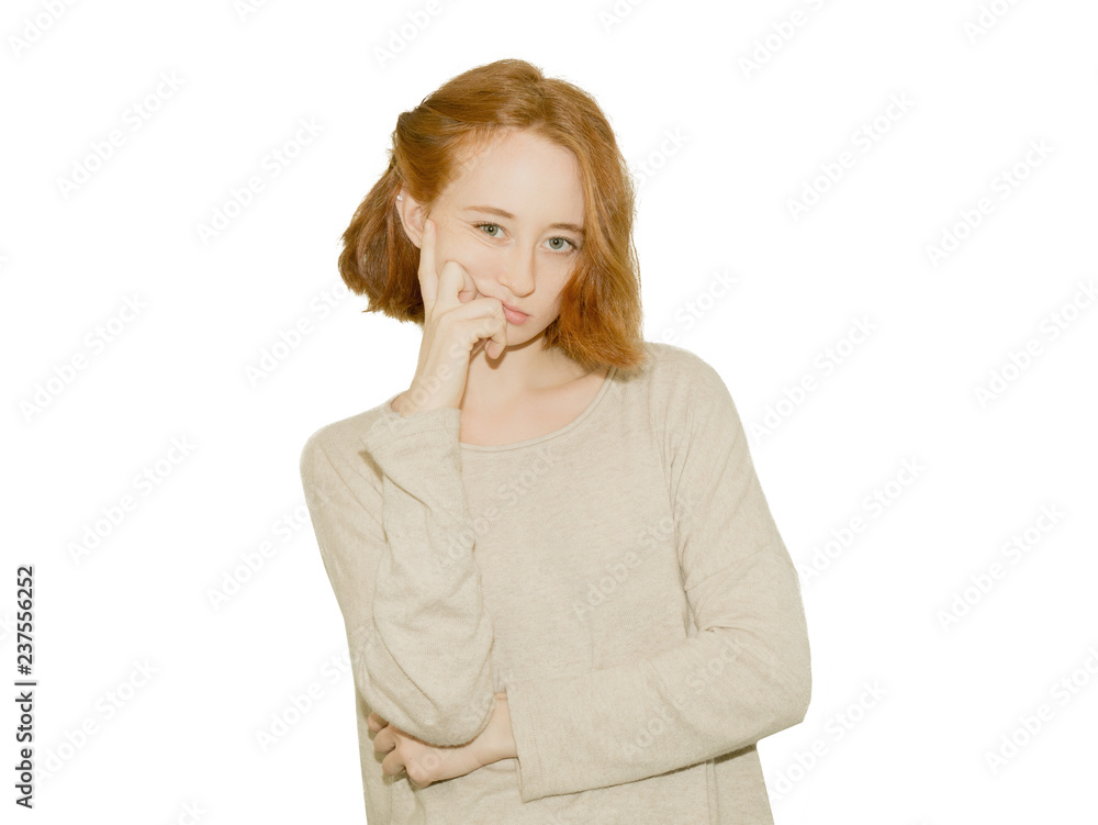 Portrait of bored and resentful woman. Isolated on a white background. Portrait of bored and resentful woman. Isolated on a white background.