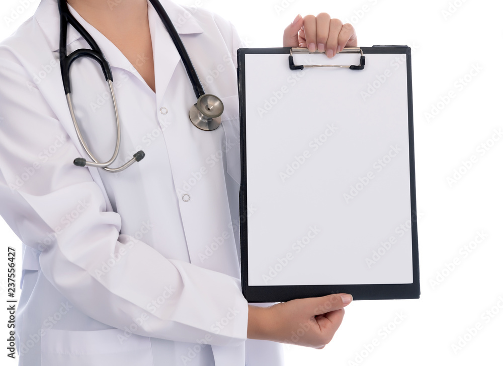 Doctor showing blank clipboard Isolated on white Doctor showing blank clipboard Isolated on white