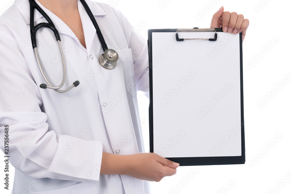 Doctor showing blank clipboard Isolated on white Doctor showing blank clipboard Isolated on white