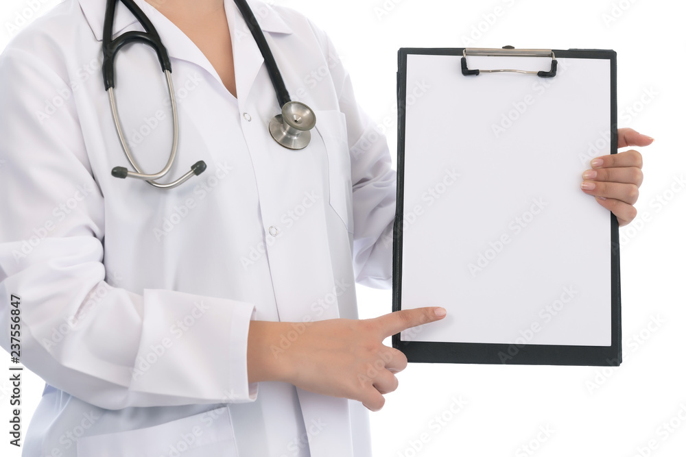 Doctor showing blank clipboard Isolated on white Doctor showing blank clipboard Isolated on white