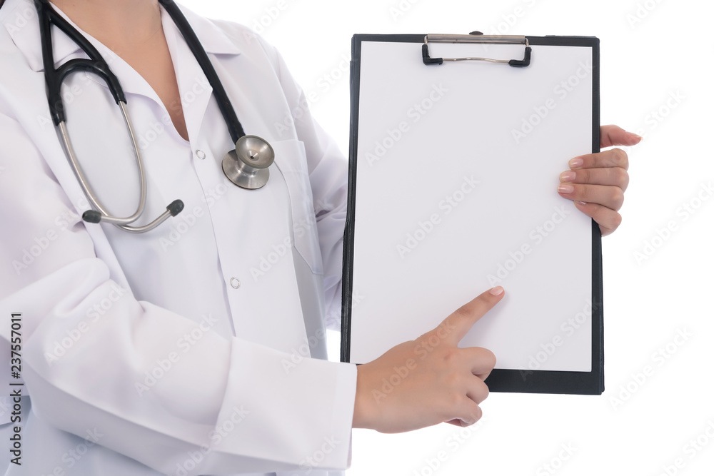 Doctor showing blank clipboard Isolated on white Doctor showing blank clipboard Isolated on white