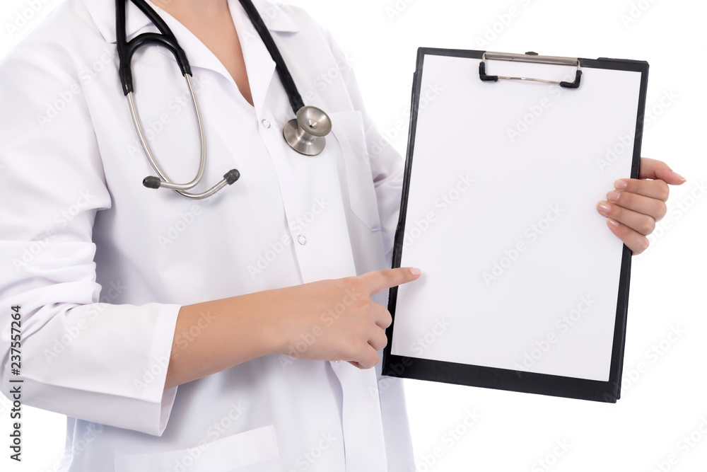 Doctor showing blank clipboard Isolated on white Doctor showing blank clipboard Isolated on white