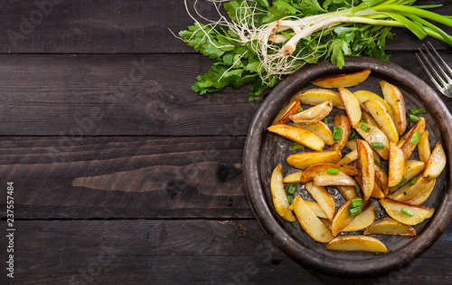 Homemade organic vegetable vegan vegetarian baked potato wedges with chives