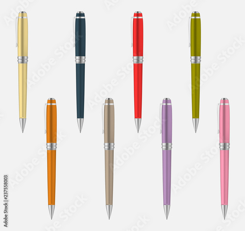 Colored metal pen isolated on gray background, vector mockup set
