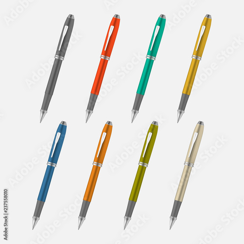 Colored metal pen isolated on gray background, vector mock-up set