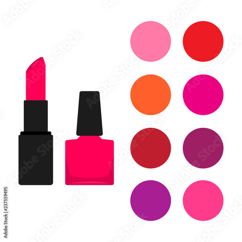 Lipstick and nail polish bottle. Set of color swatches. Vector illustration