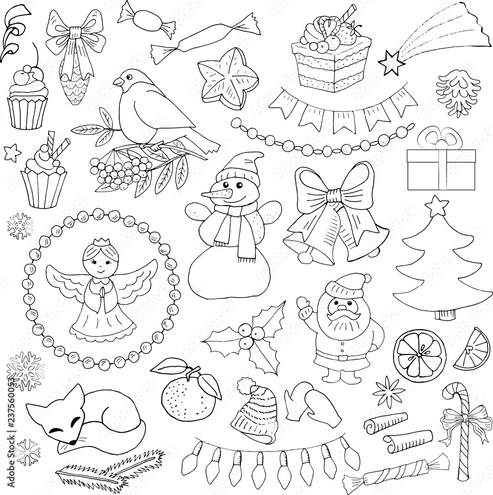 Set of Christmas and New Year elements, sweets, cakes, decorations. Vector hand drawn elements, black and white sketch.