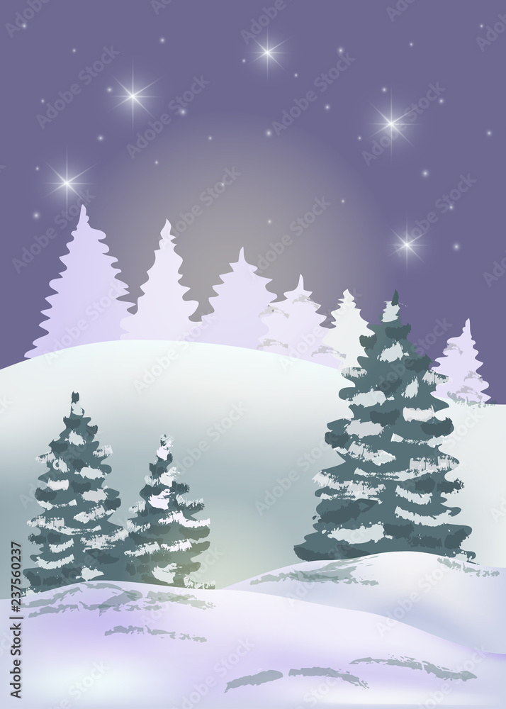 Winter night landscape with stars, hills and fir trees. Holiday Christmas and New Year background. Vector illustration.