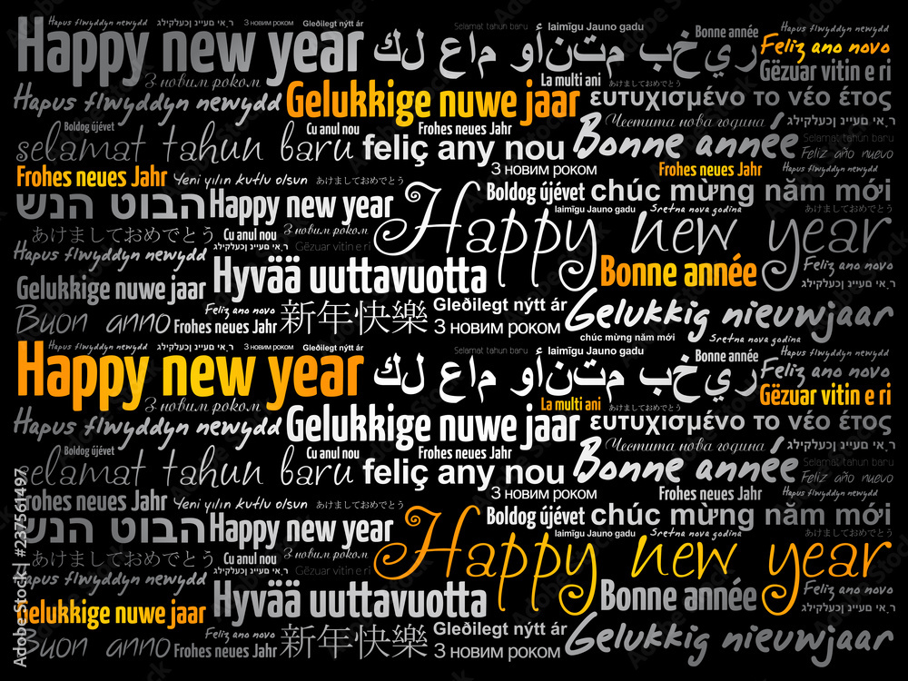 Naklejka Happy New Year in different languages, celebration word cloud greeting card
