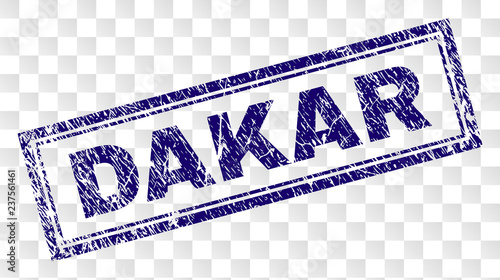 DAKAR stamp seal watermark with rubber print style and double framed rectangle shape. Stamp is placed on a transparent background. Blue vector rubber print of DAKAR caption with unclean texture.