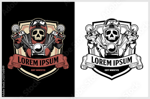 Old School Classic or retro style biker skull riding motorcycle vector badge template