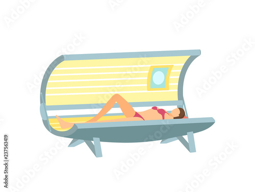 Girl Lying and Tanning in Solarium Cartoon Poster