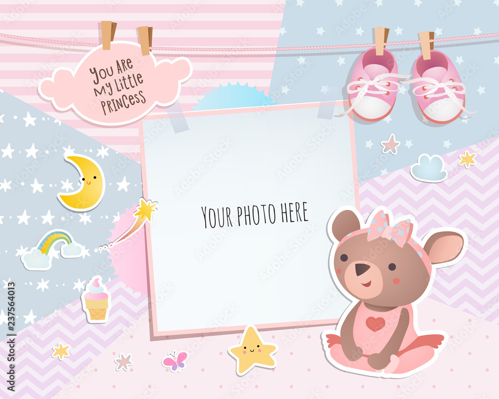 Baby girl shower card. Teddy bear. Arrival card with place for your photo. Baby girl shower card. Teddy bear. Arrival card with place for your photo.