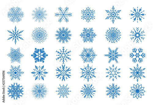 set of blue snowflakes. flat design isolated on white background. winter decoration