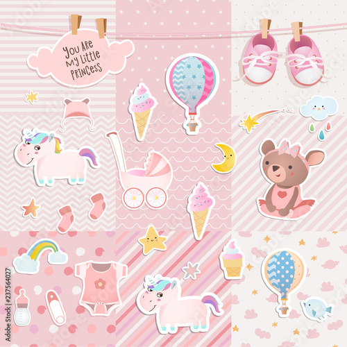 Set of elements for baby shower design with a teddy bear, unicorns, gumshoes. Paper, scrapbook. 