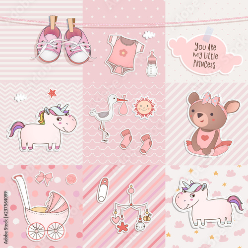 Set of elements for baby shower design with a teddy bear, unicorns, gumshoes. Paper, scrapbook.  