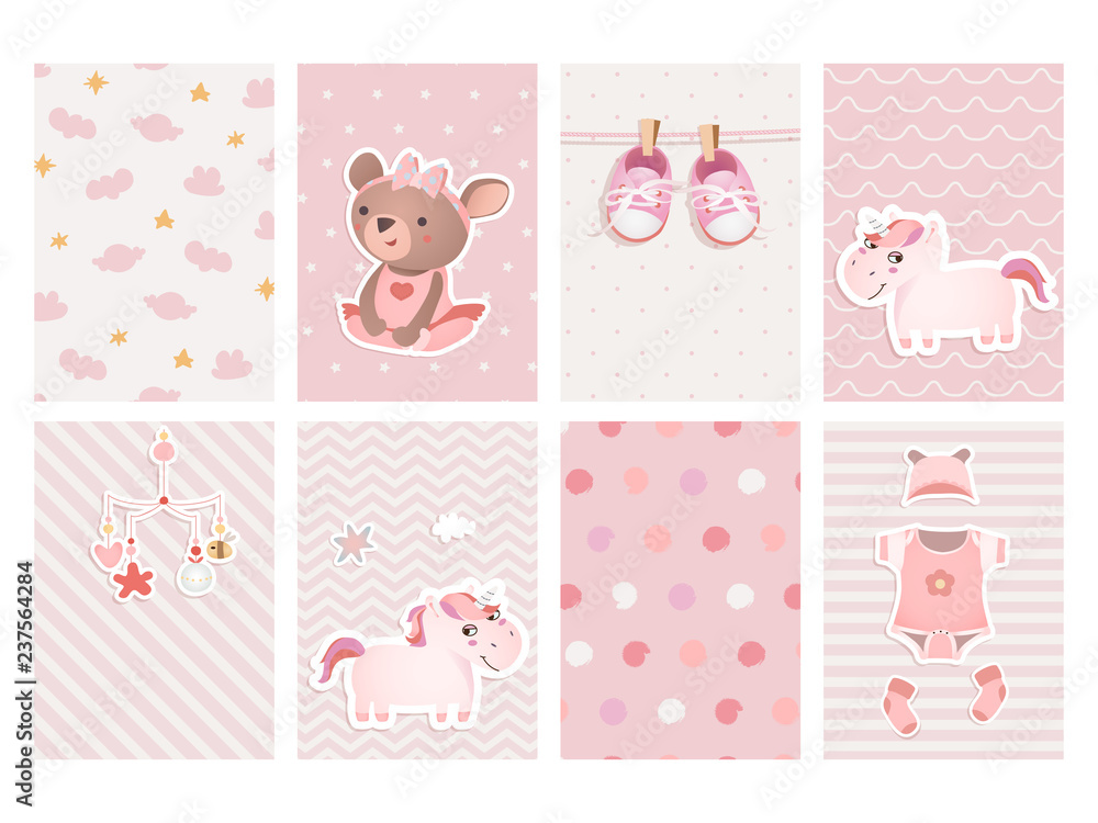 Set of cards for baby shower design with a teddy bear, unicorns, gumshoes. 