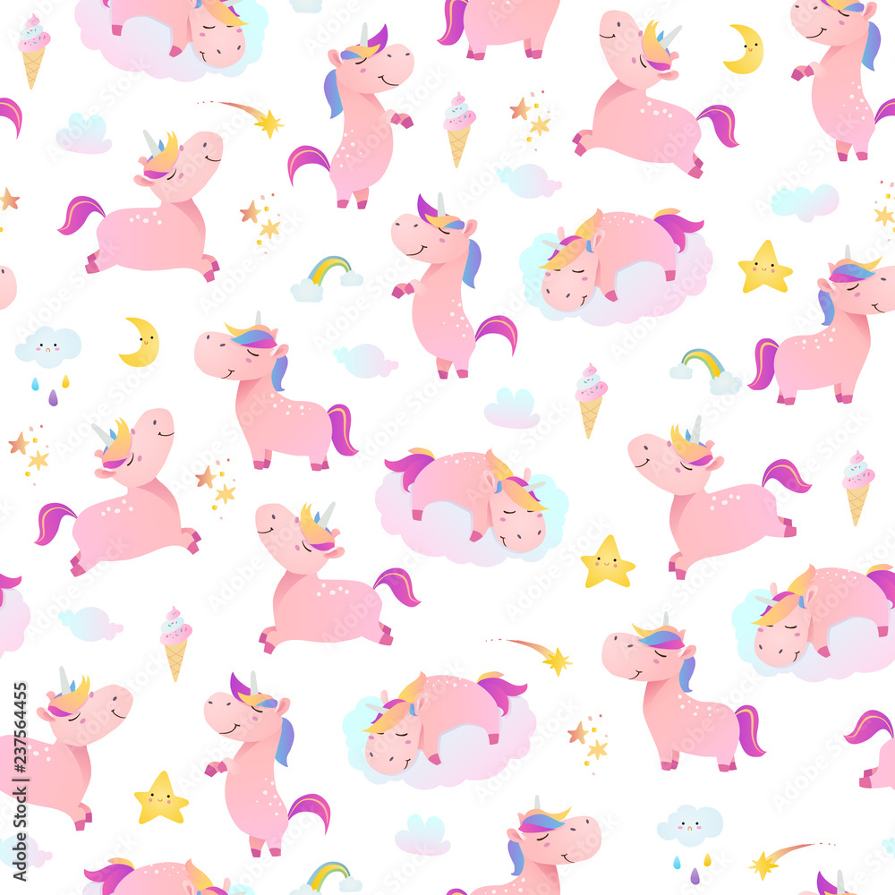 Seamless pattern with unicorns, clouds, stars and rainbows.