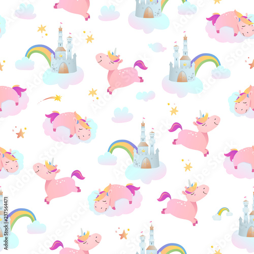 Seamless pattern with unicorns, rainbows and castles.