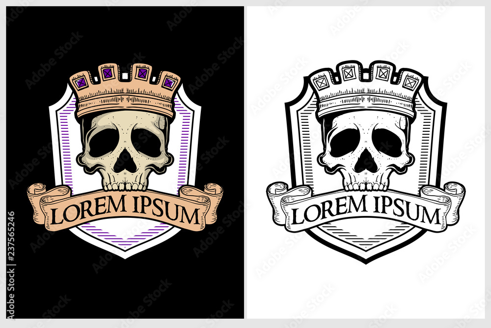 vintage or Old School Classic style king skull with crown vector badge crest logo template