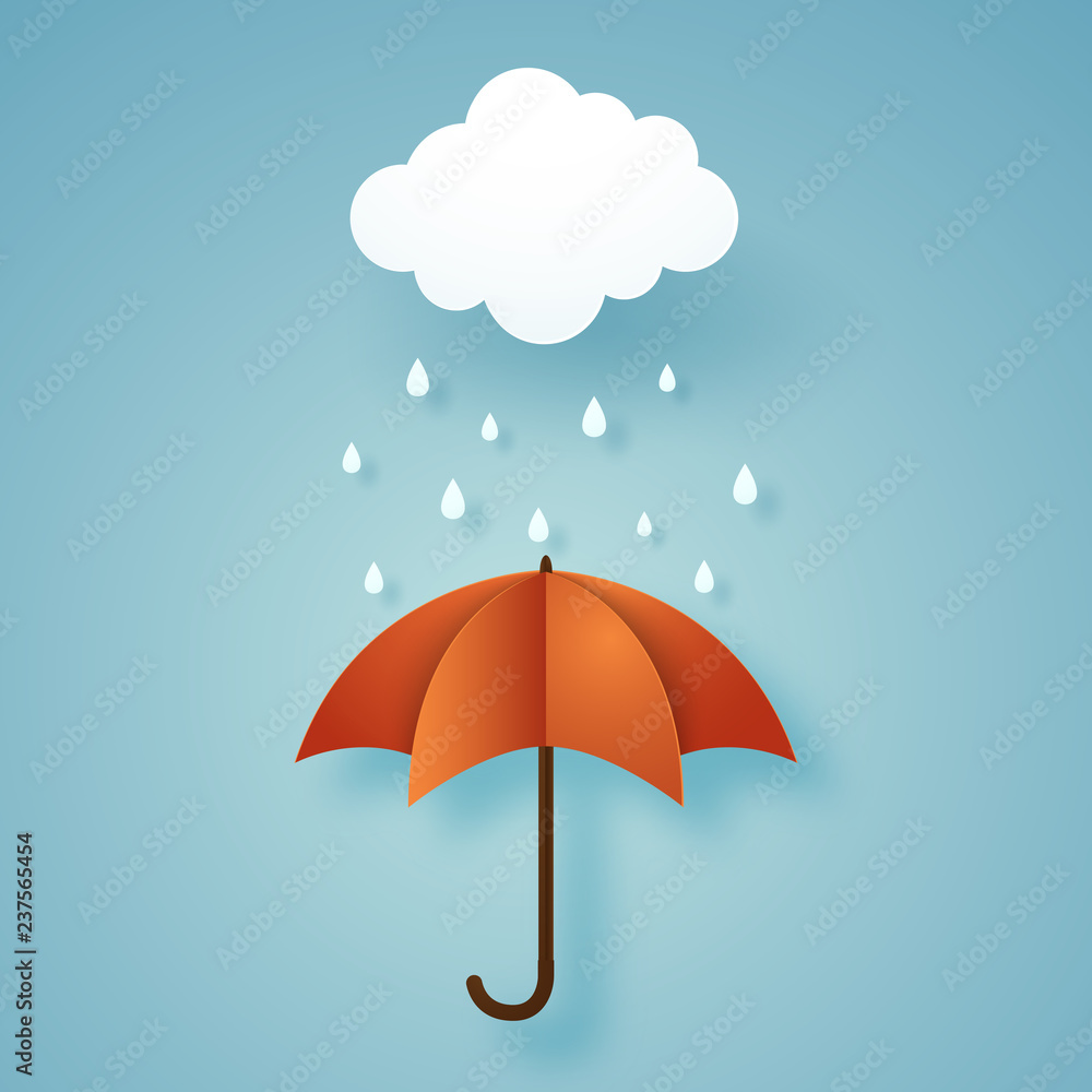 orange umbrella with rain, rainy season, paper art style
