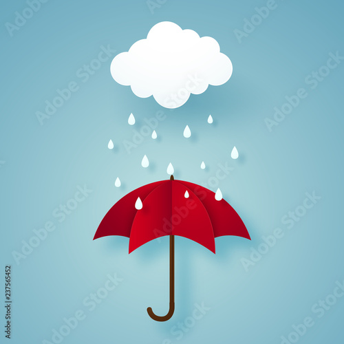 red umbrella with rain, rainy season, paper art style