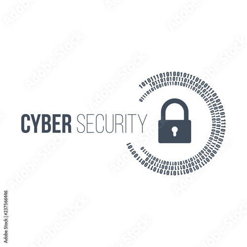 abstract technology concept cyber security with lock and digital binary circles around it. Vector illustration isolated on white background.