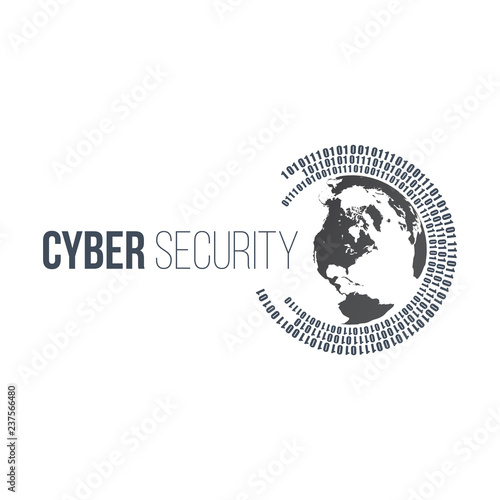 abstract technology concept cyber security with circle world and digital binary circles around it. Vector illustration isolated on white background.