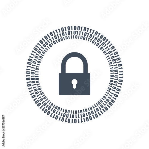 Digital lock and binary one and zero digits in circle around it. cyber security concept. digital circle. vector illustration isolated on white background.