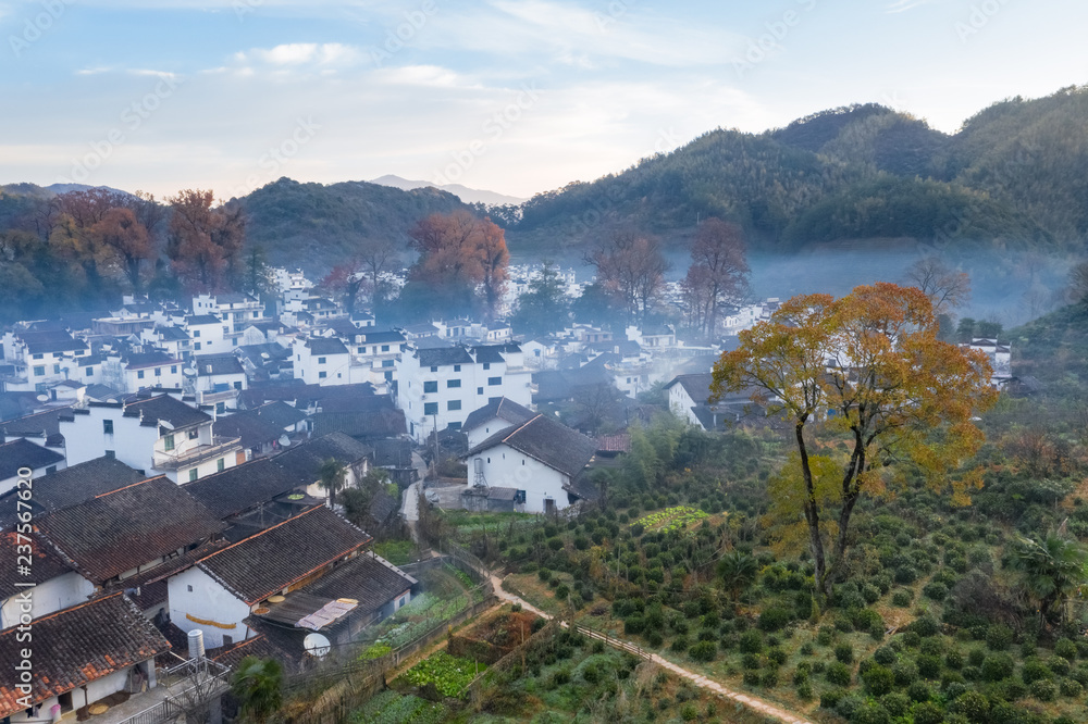 aerial view of shicheng village in late autumn