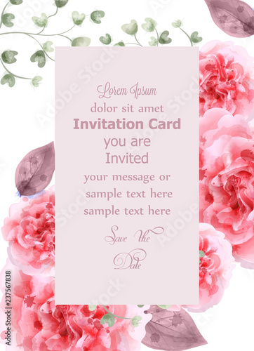 Pink roses card watercolor Vector. Vertical Invitation card, wedding ceremony...