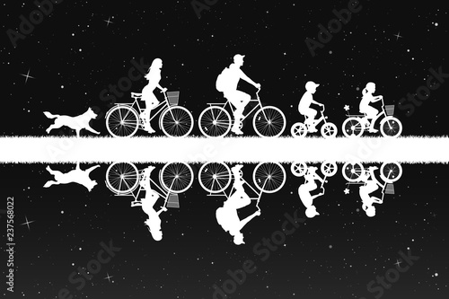Family on bikes in park at night. Active rest of parents with children. Vector illustration with silhouettes of cyclists and running dog under starry sky. Inverted black and white