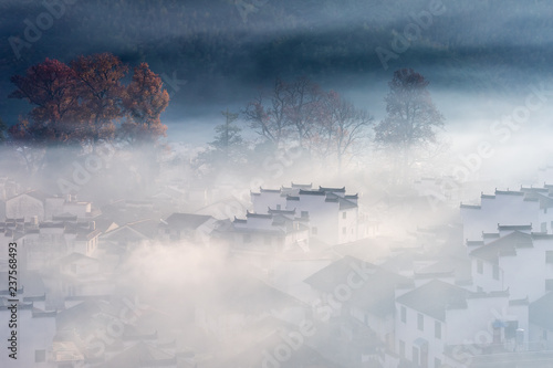 misty countryside landscape in shicheng village