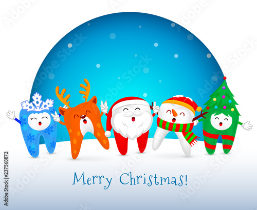Christmas Tooth Characters design, Santa Claus, Snowman, snowflake, Christmas tree and Reindeer. Merry Christmas and Happy new year concept. Illustration with snow background.