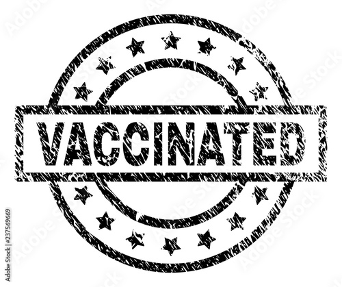 VACCINATED stamp seal watermark with distress style. Designed with rectangle, circles and stars. Black vector rubber print of VACCINATED tag with grunge texture.