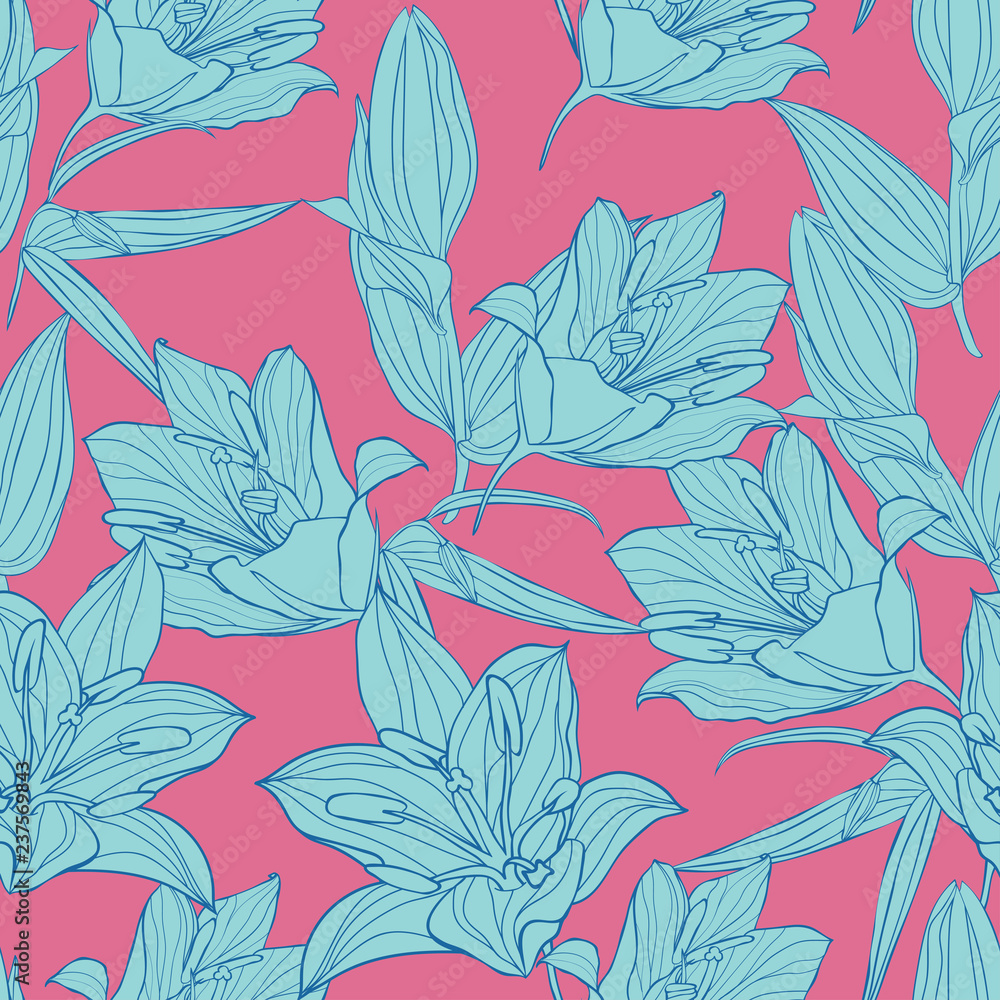 Vector blue Lilium flowers with pink background seamless repeat pattern. great for retro fabric, wallpaper, scrapbooking projects,print. Surface pattern design.