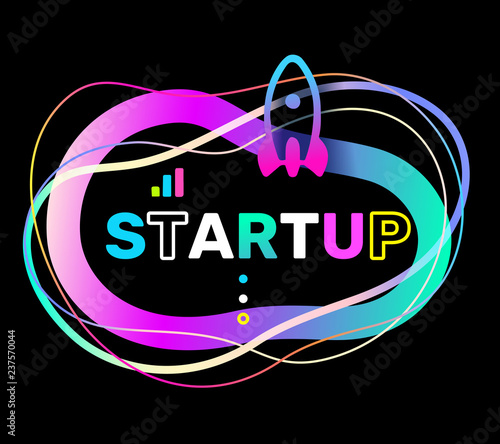 Vector creative illustration of startup word typography and rocket on black background. Startup technology concept with spaceship.