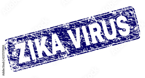 ZIKA VIRUS stamp seal print with distress style. Seal shape is a rounded rectangle with frame. Blue vector rubber print of ZIKA VIRUS tag with grunge style.