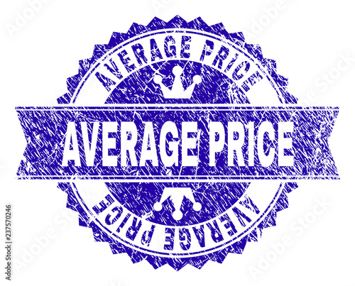 AVERAGE PRICE rosette stamp watermark with grunge style. Designed with round rosette, ribbon and small crowns. Blue vector rubber print of AVERAGE PRICE text with dirty style.