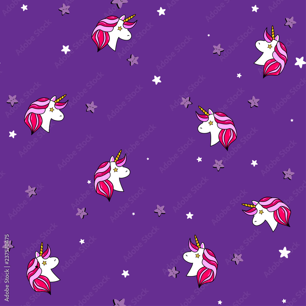Seamless pattern with unicorn, Pegasus, pony head and stars.Cute, lovely magic background.Fantasy wallpaper. Vector illustration.Vector comic print in pop retro artstyle. Abstract background for girls
